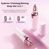 Tijera eléctrica para cejas y afeitado rosa con cuchillas desmontables sobre fondo rosa.