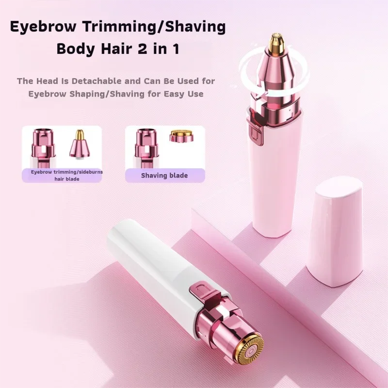 Tijera eléctrica para cejas y afeitado rosa con cuchillas desmontables sobre fondo rosa.