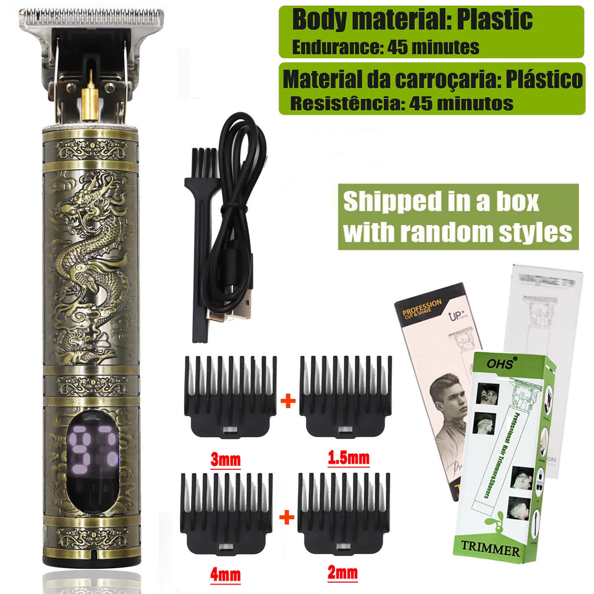 A professional electric hair clipper and beard trimmer with various guard attachments shown in a box.