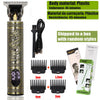A gold-colored electric hair shaver trimmer with various guard attachments shown next to the main unit.