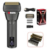 A black professional electric hair shaver with various attachments and shaving foils shown in a box.