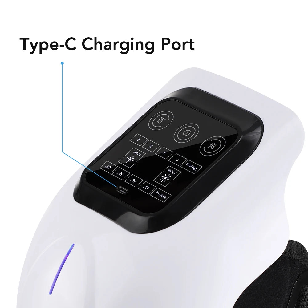 Close-up view of a white infrared knee massager showing the Type-C charging port and various function buttons.