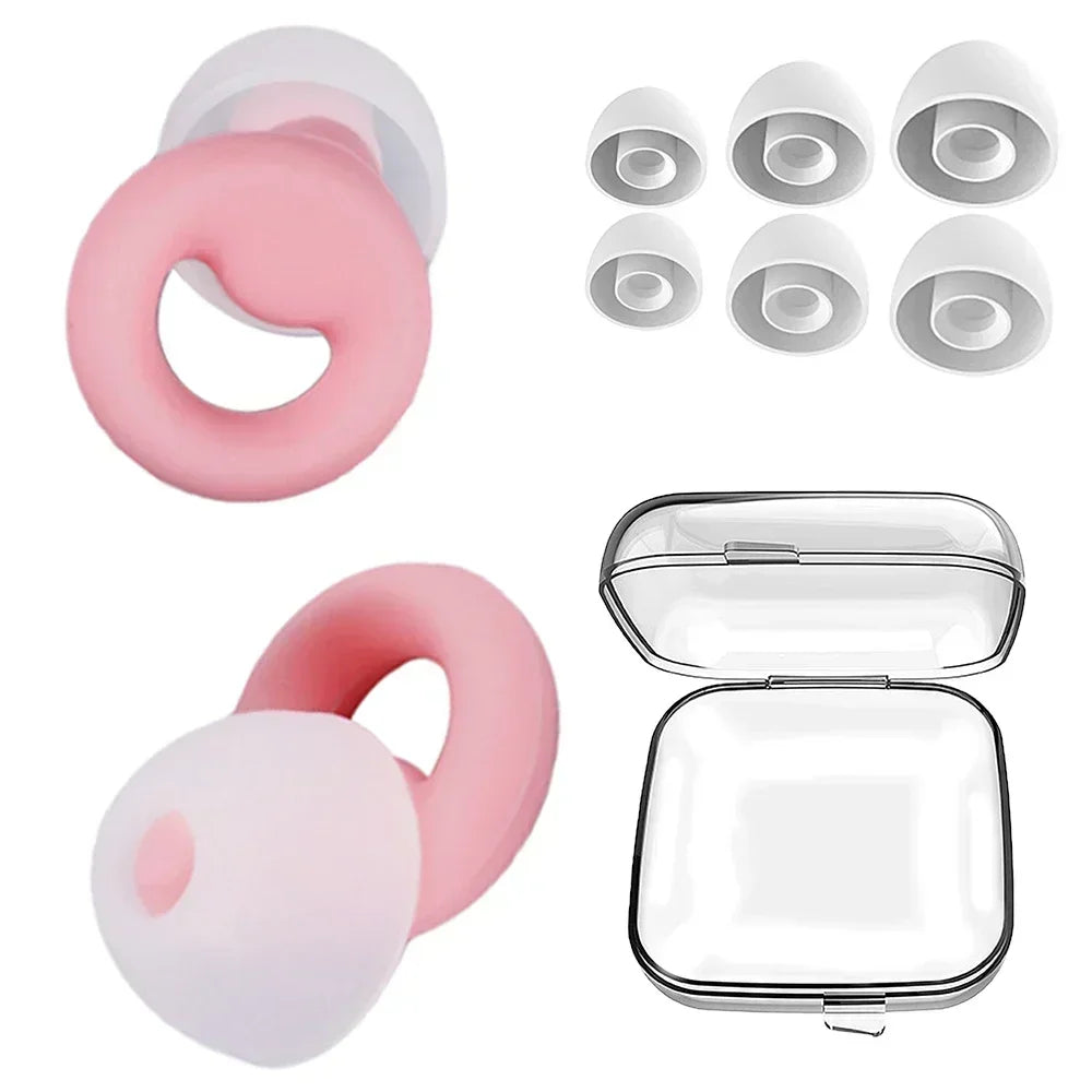 A set of pink silicone earplugs, including a disc and a larger plug, shown with an open clear storage case.