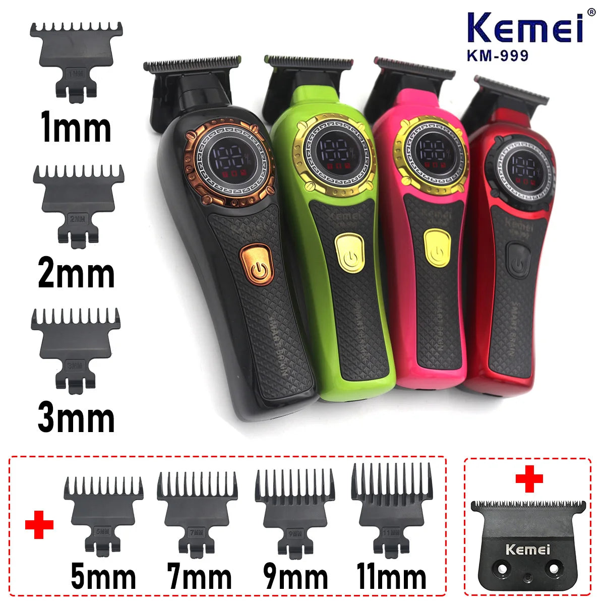 Set of Kemei KM-999 professional cordless hair trimmers with various guard sizes and attachments