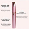 A pink electric eyebrow trimmer with a stainless steel sharp blade and a 3D stereo arched cutter head.