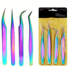 A set of precision stainless steel eyelash tweezers in a clear plastic packaging.