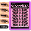 Kit cosmétique violet contenant des clusters de cils noirs pour maquillage des yeux.