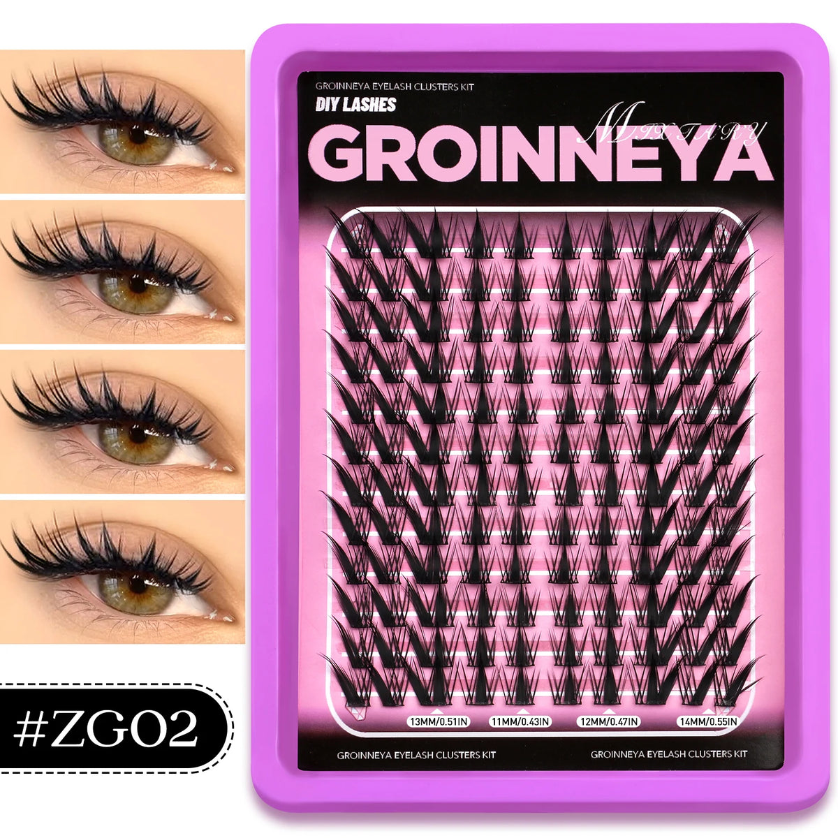 Kit cosmétique violet contenant des clusters de cils noirs pour maquillage des yeux.