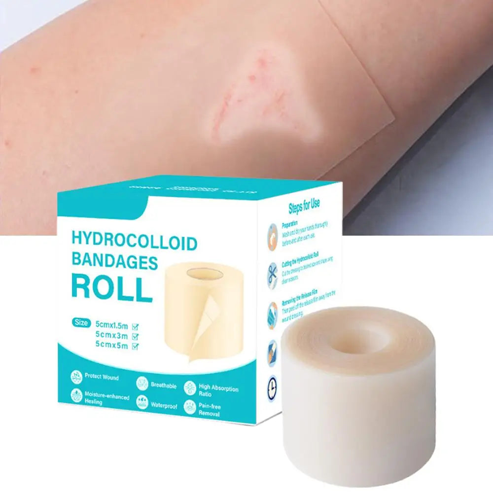 Roll of hydrocolloid bandages shown next to a person's skin for wound dressing.