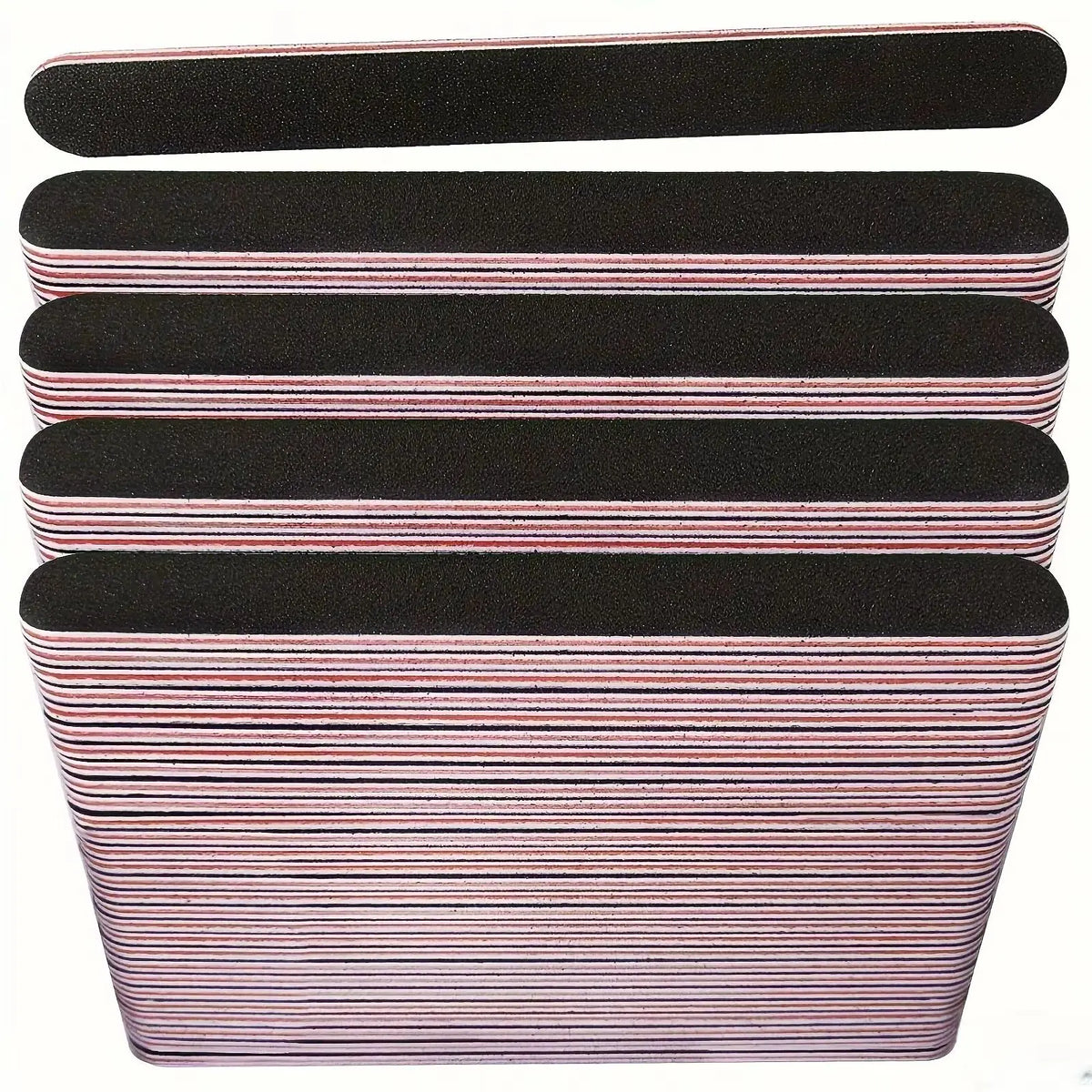 A stack of black and pink dual-grit nail files for shaping and smoothing.