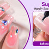 Before and after images showing the application of super clear rhinestone glue on a pink nail for nail art