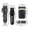 A professional cordless hair clipper set showing the main body, a detachable blade, and an accessory battery.