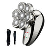 A silver electric shaver and grooming kit with five rotating heads shown next to the charging cord.