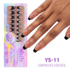 A hand displays a set of almond press-on nails in rich coffee black, packaged for sale.