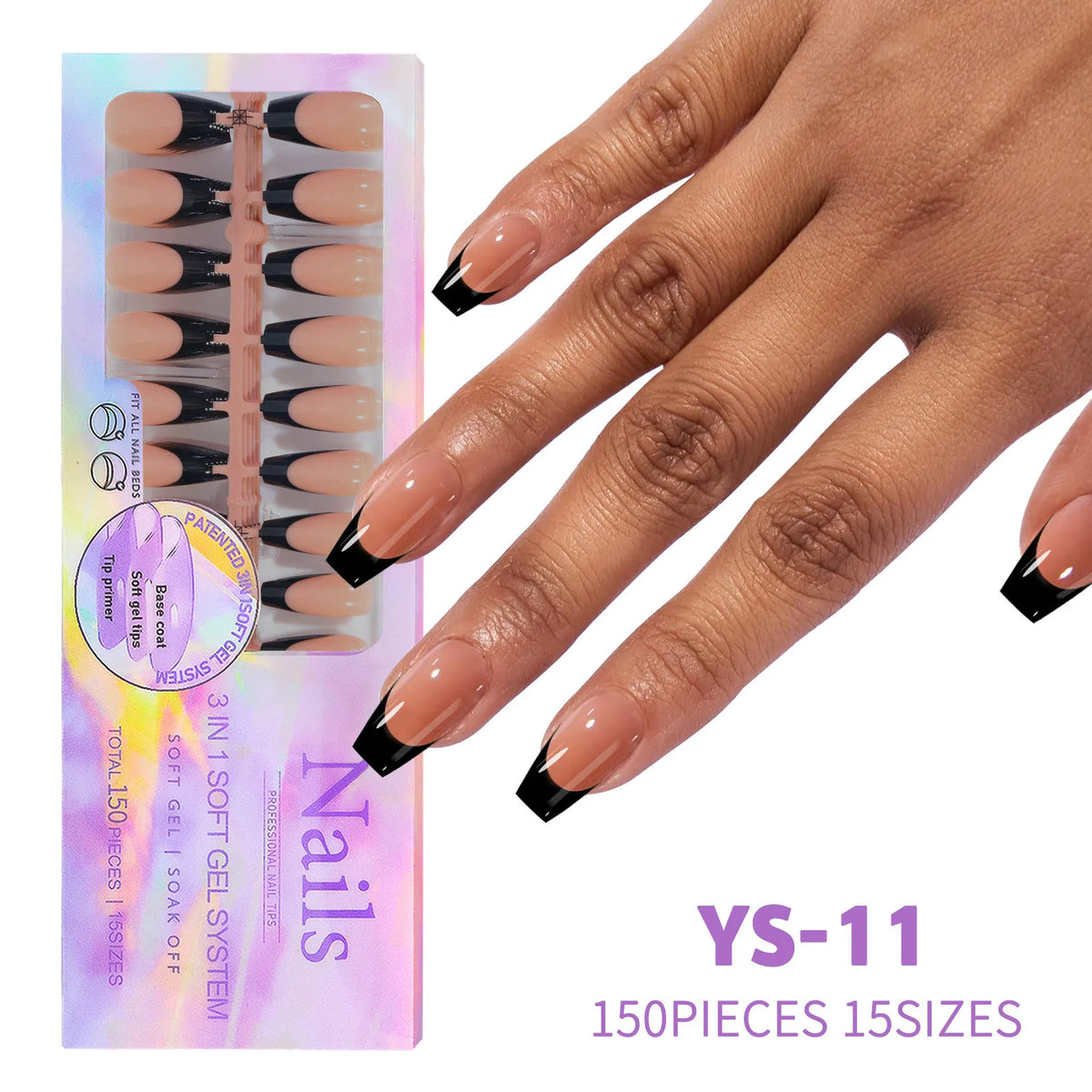 A hand displays a set of almond press-on nails in rich coffee black, packaged for sale.