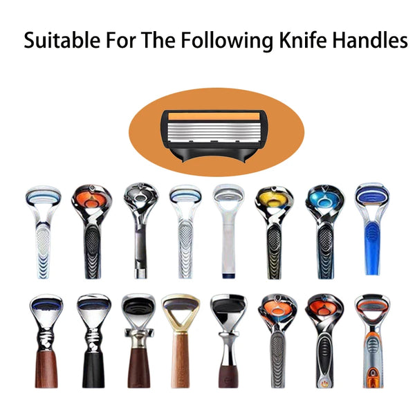 A collection of various knife handles and razor handles shown for compatibility testing.