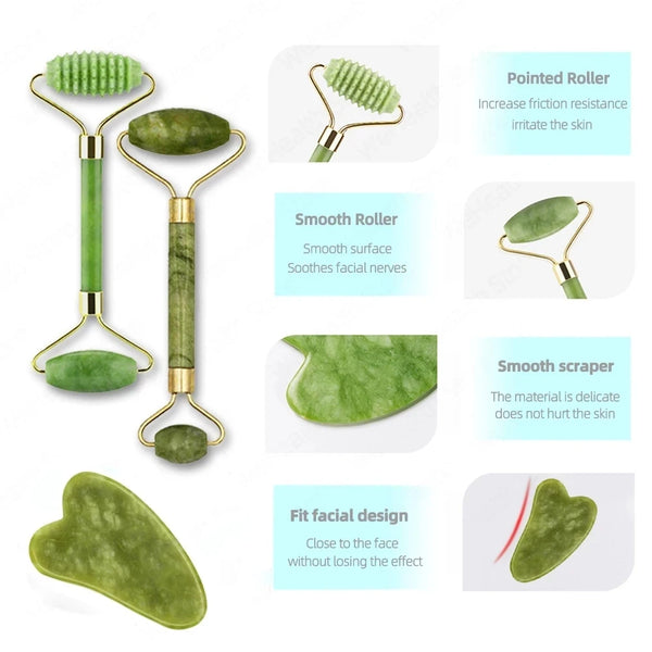 Jade Gua Sha facial massager and skin scraper tools in green and gold.