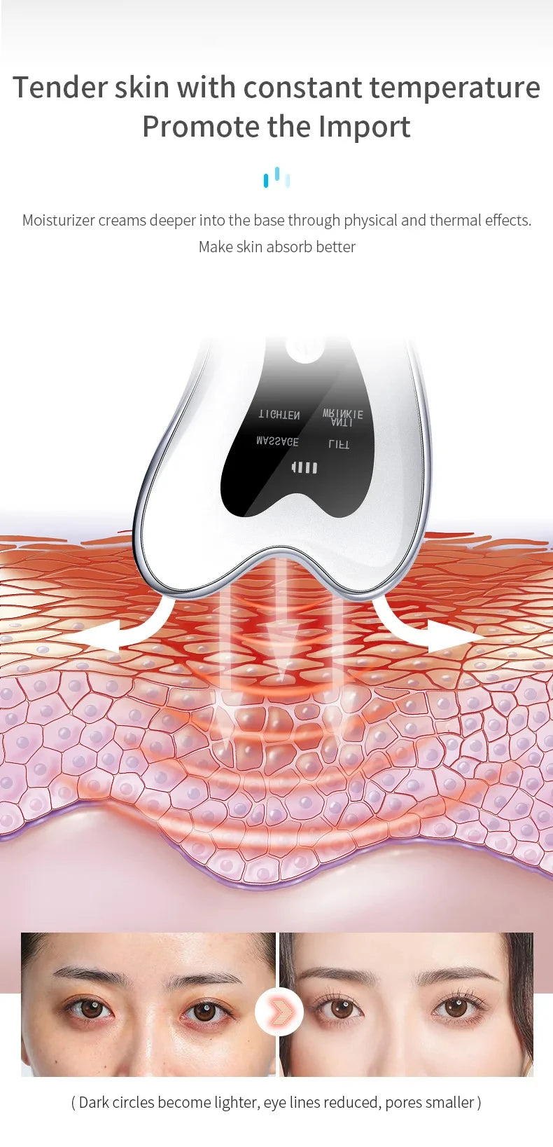 A close-up of a microcurrent facial massager device positioned on the skin, demonstrating its use for promoting import and mo
