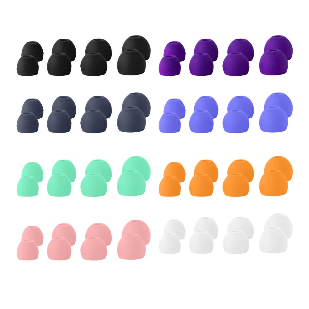 A collection of universal silicone earplugs in various colors including black, purple, blue, and orange.