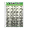 A sheet of black eyelash clusters for DIY lash extensions, featuring a green border and text.