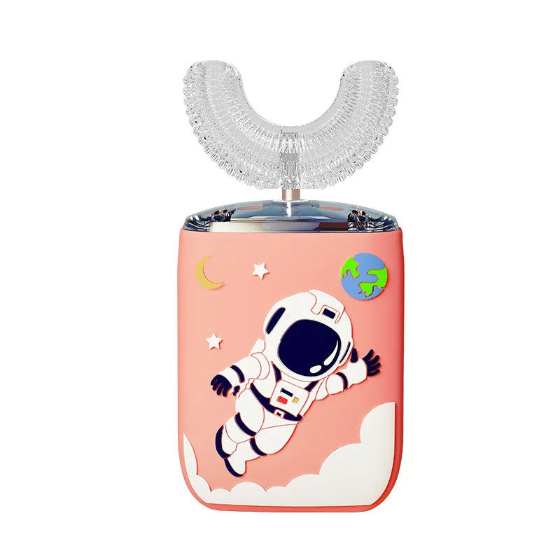 A pink and white electric toothbrush for kids with a clear head and a space astronaut design.