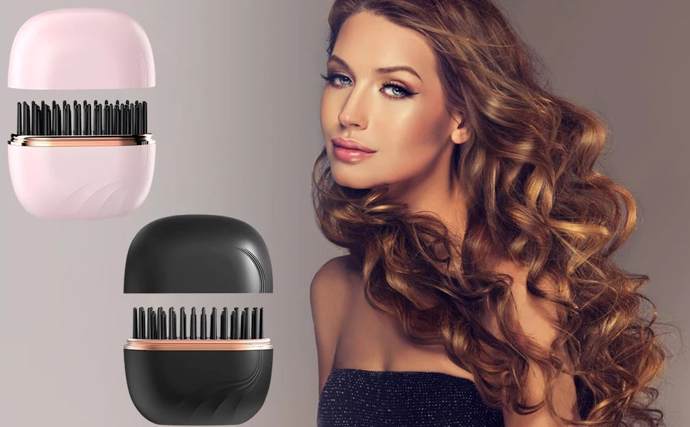 A woman is shown next to a pink and black cordless hair straightener and styler tool.