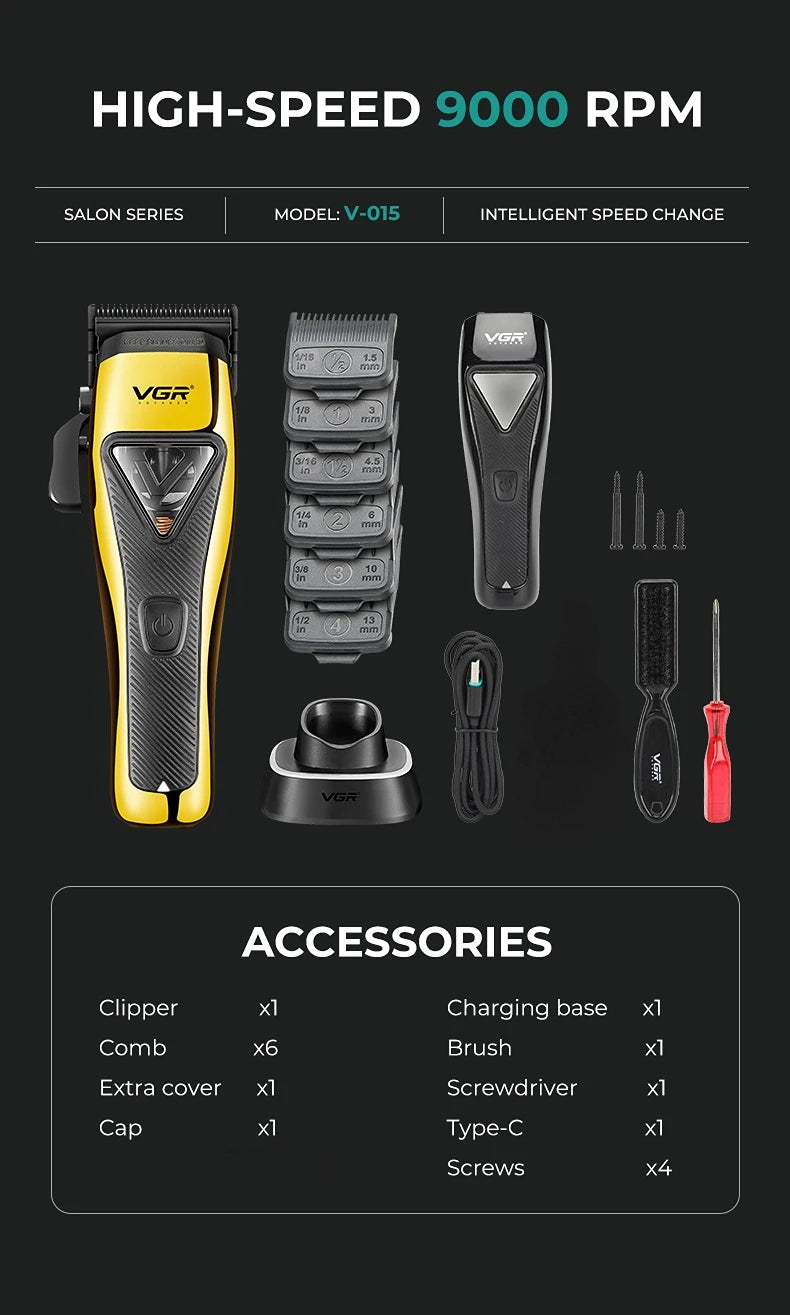A set of VGR rotary hair clippers, accessories, and charging components displayed against a dark background.