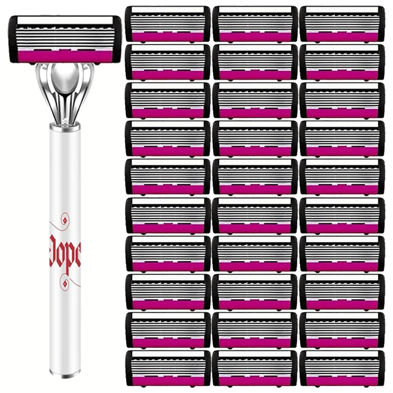 A set of durable stainless steel razors with black and pink handles arranged in a grid.
