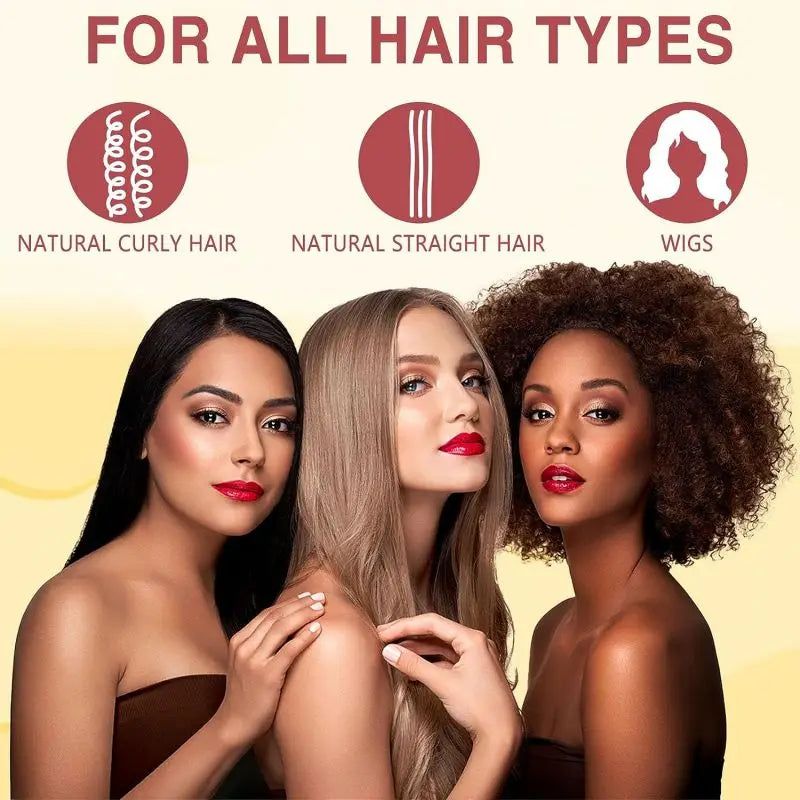 Three models showcasing hair types including natural curly, straight, and wigs for all hair types