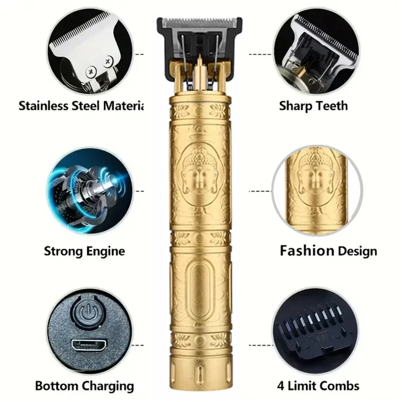 A gold-colored electric hair clipper featuring a dragon design, showing various features like sharp teeth and bottom charging
