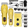A set of professional electric hair clippers and grooming tools in gold and black.