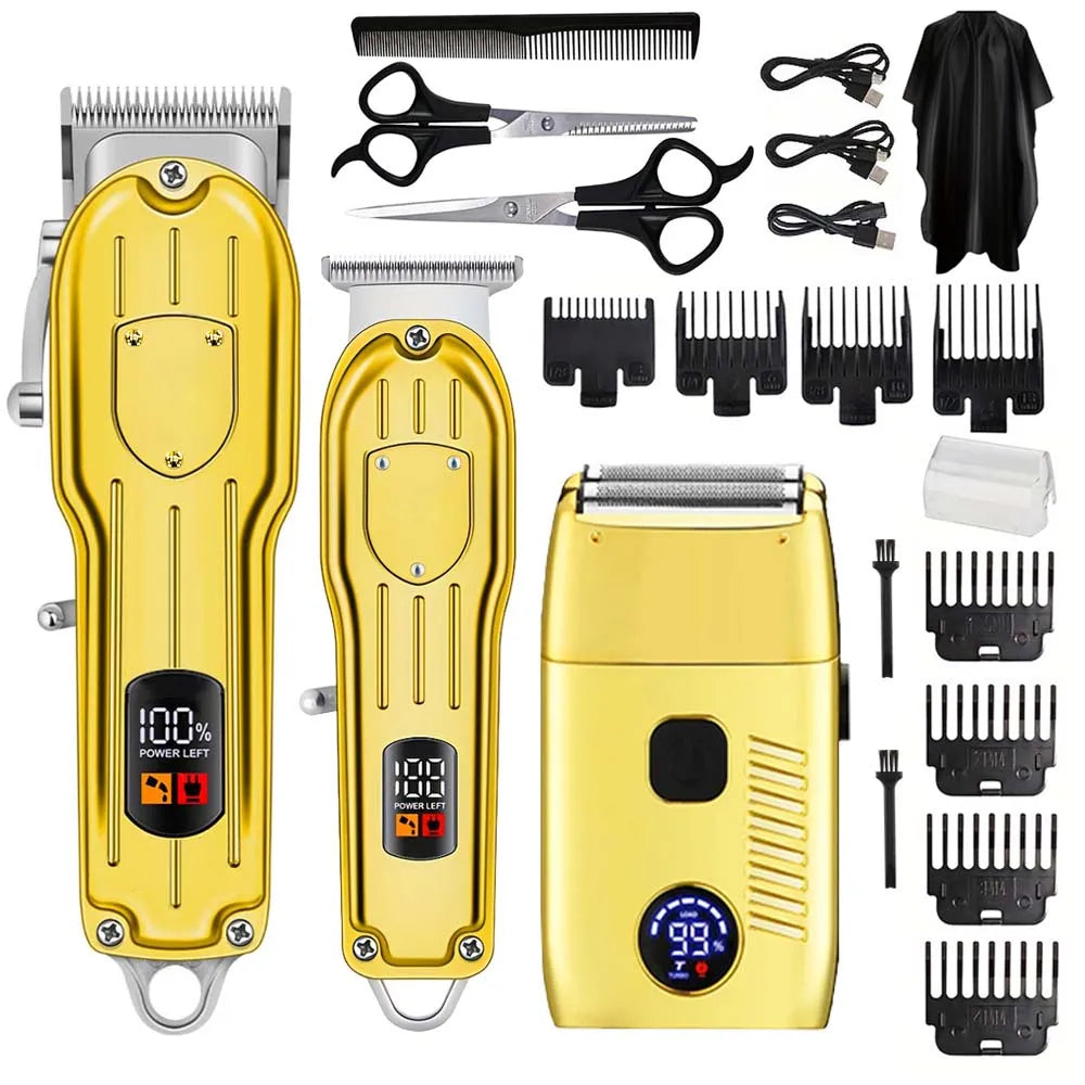 A set of professional electric hair clippers and grooming tools in gold and black.