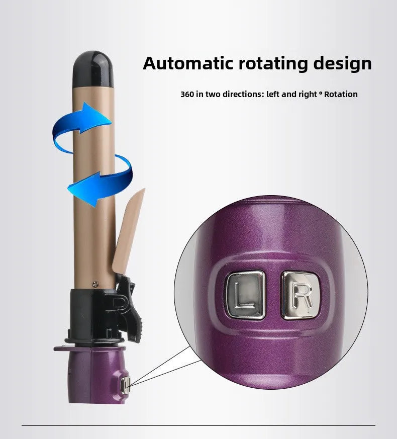 Automatic rotating curling iron in a bronze and purple color, showing the rotating mechanism.