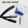 A set of new half blades and a box for stainless steel razor blades are displayed on a white background.
