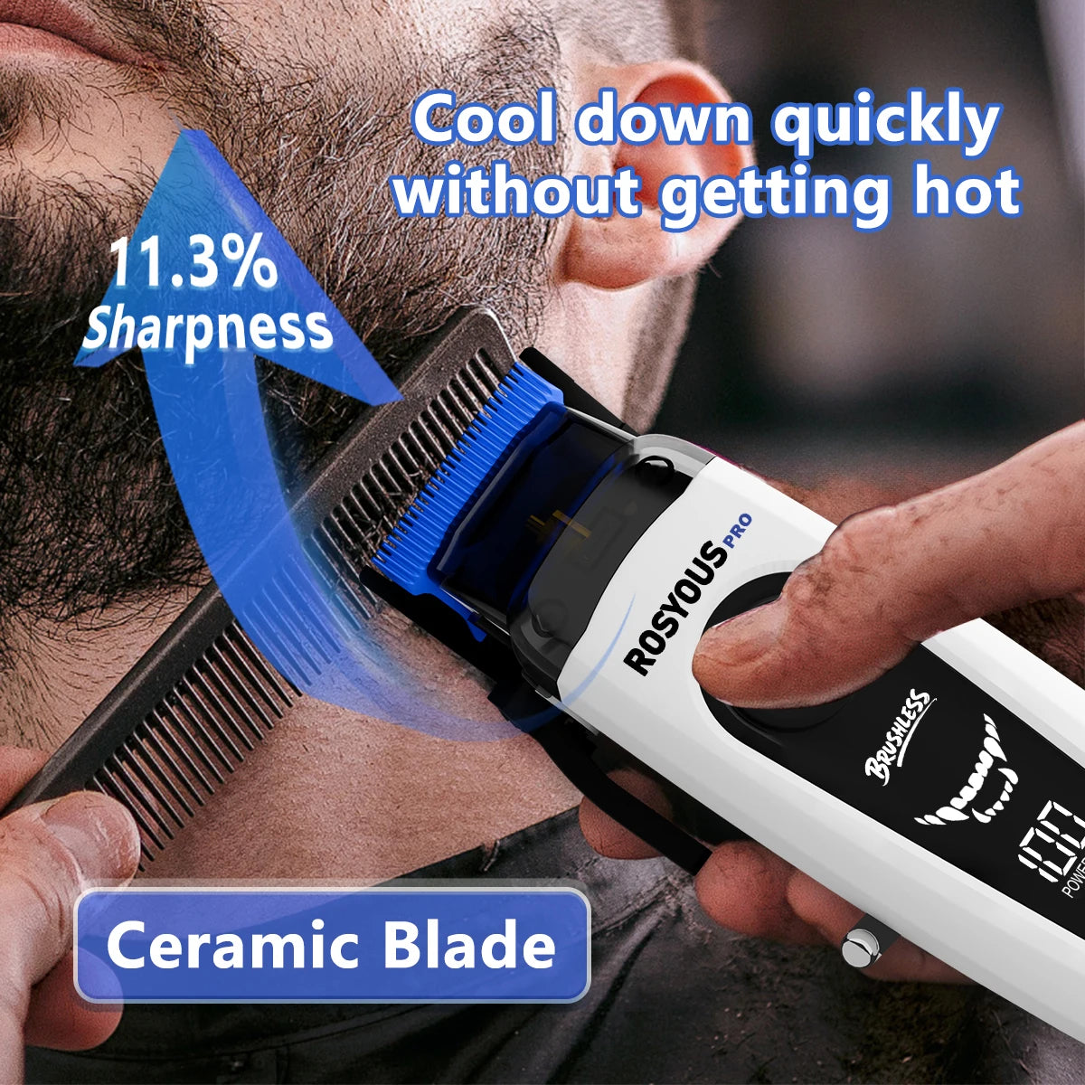 A person is using a Rosyous Pro electric hair clipper with a ceramic blade to cool down quickly without getting hot.