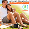 A young couple relaxing outdoors using a lightweight and long-lasting ankle spa massager on their feet.