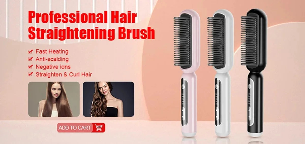 Un jeu de trois brosses de lissage professionnel rose et noir, avec leurs fonctionnalités listées.
