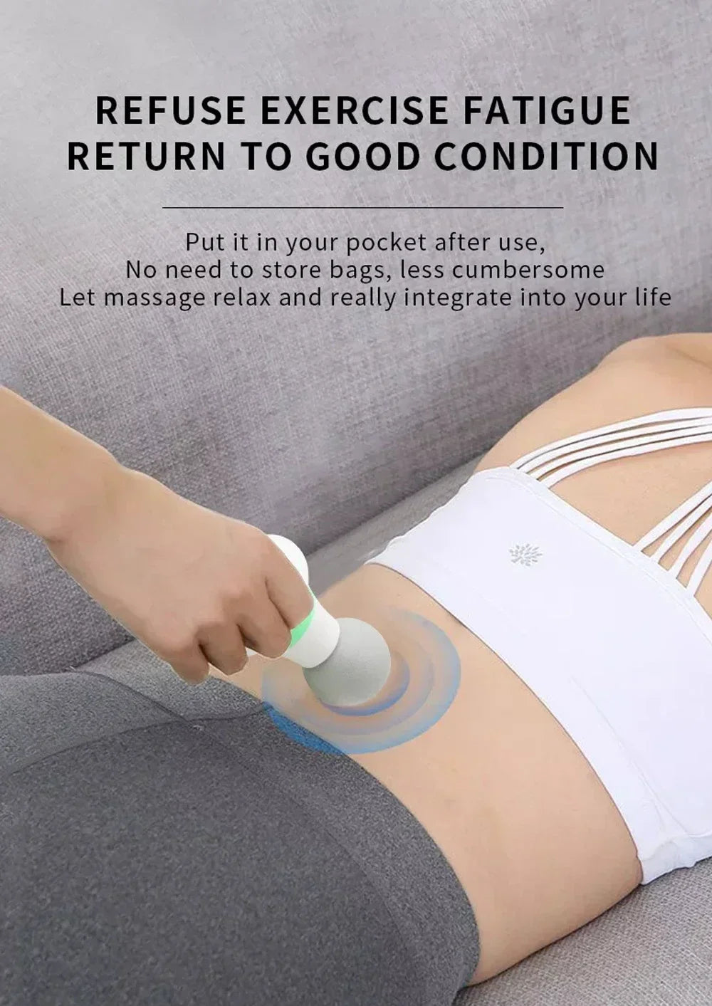 A hand is applying a small, round massage tool to the side of a person's body during exercise recovery.