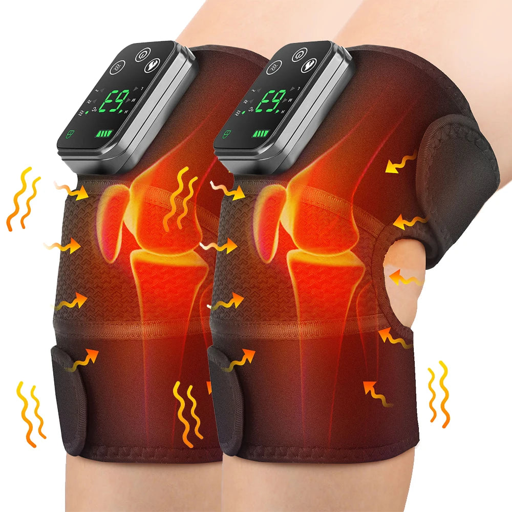 Tragbares Heiz-Knie- und Schultermassagegerät auf dem Bein einer Person, das Massagebereich hervorhebt.