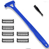 A blue manual foldable men's body shaver razor with a black handle and multiple shaving heads.
