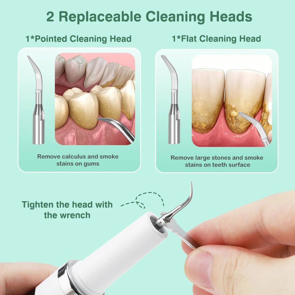 Two replaceable cleaning heads for an ultrasonic electric tooth cleaner, including a pointed and a flat head.
