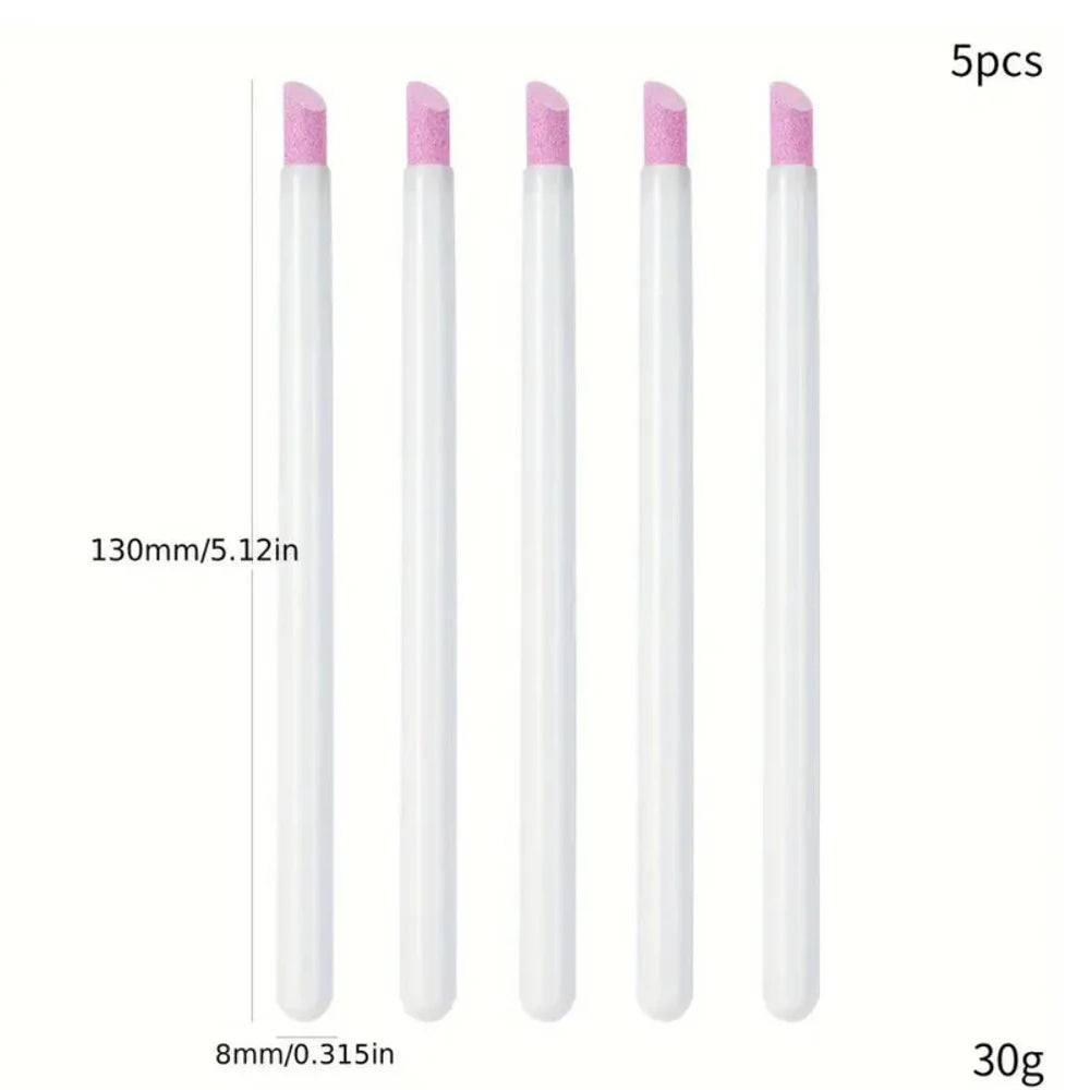 A set of five pink nail art liner brushes with ultra-fine tips.