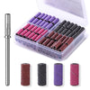 A clear plastic box contains numerous nail drill sanding bands in various colors and grits, with individual bands shown separ