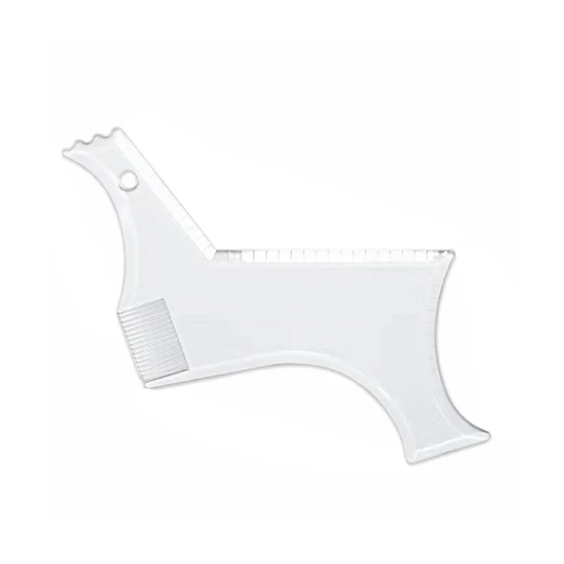 A clear professional beard shaping ruler and styling comb set for grooming.
