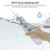 A hand is using a portable USB rechargeable water flosser, demonstrating its IPX7 dual waterproof protection against water sp