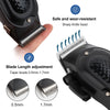 Close-up view of a black professional cordless electric hair trimmer with adjustable blade lengths and a sharp knife head.