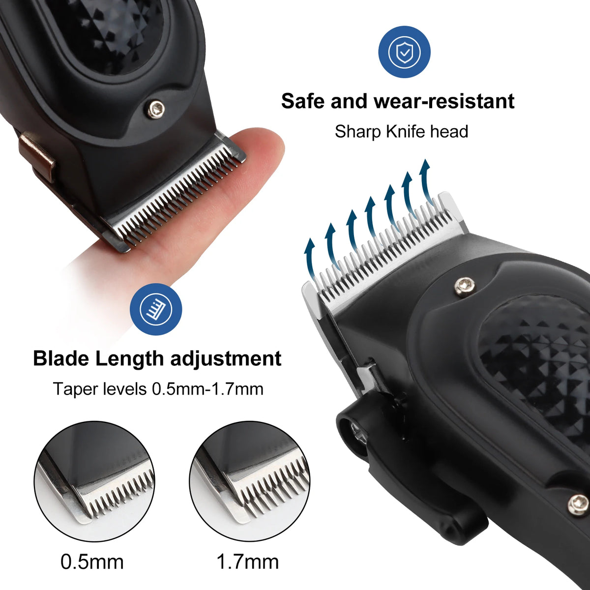 Close-up view of a black professional cordless hair trimmer with adjustable blade lengths and a safe sharp knife head.