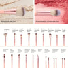 A collection of 20 makeup brushes including powder and blusher brushes in pink and nude tones.