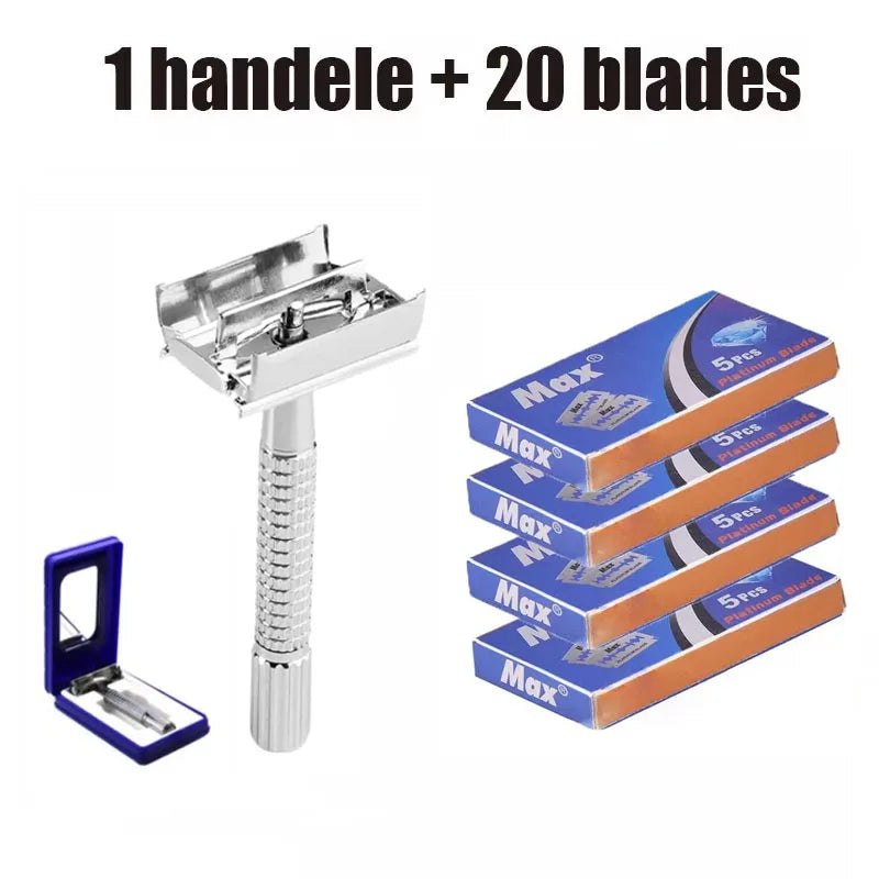 A stainless steel razor handle with twenty replacement blades packaged in a box.