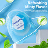 A blue dental floss product with mint flavor and fresh mint leaves shown in a refreshing context.